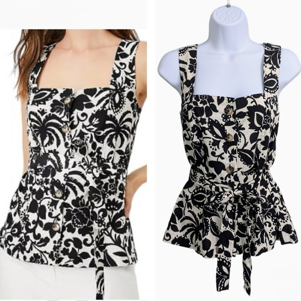 Ann Taylor Woman Linen Blend Black White Floral Tank Top Blouse Front Tie Bow XS